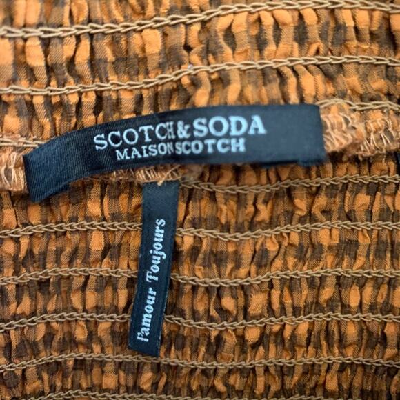 Scotch & Soda Smocked High Neck Top brown check gingham puff sleeve blouse FallS - Picture 9 of 15